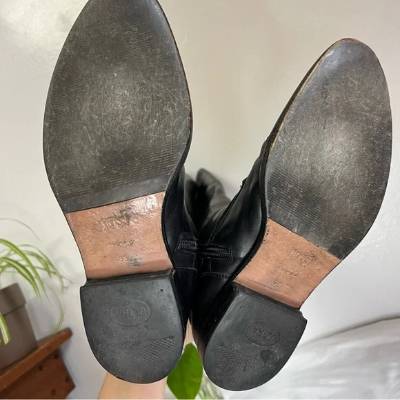 Hugo Boss Dress Knee High Black Leather Stretchy Calf Zip Boots 38 Almond Toe 8 - Picture 13 of 15